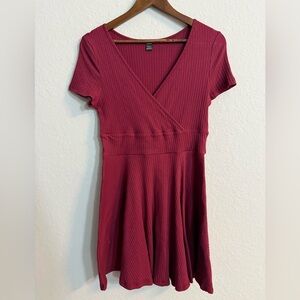 SHEIN Burgundy Ribbed V-Neck Mini Dress